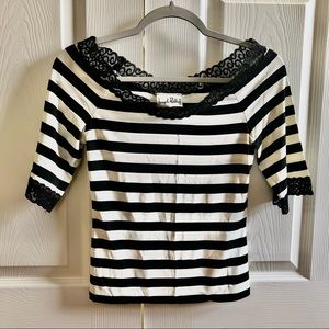 Joseph Ribkoff Horizontal Black & White Striped Top, Lace Detail, Women’s Size 6